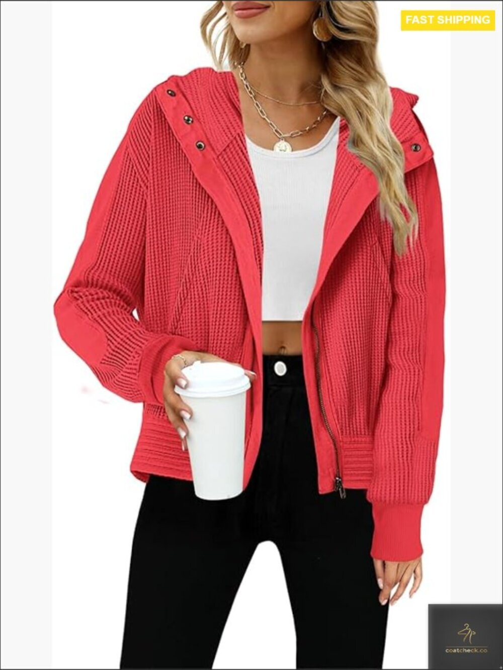 Cropped Zip Up Hoodie Waffle Knit Fall Jacket Casual Outfits with Pockets